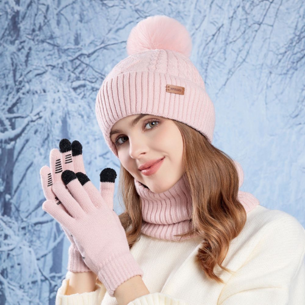 Wool Glove Lined - 3-teiliges Einfarbiges Mütze-Schal-Handschuh-Set aus Wolle, Warme
